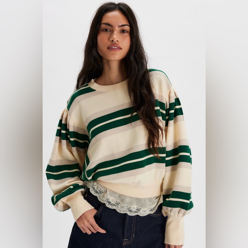 Free People Striped Oversized Sweatshirt in Cream and Forest Green